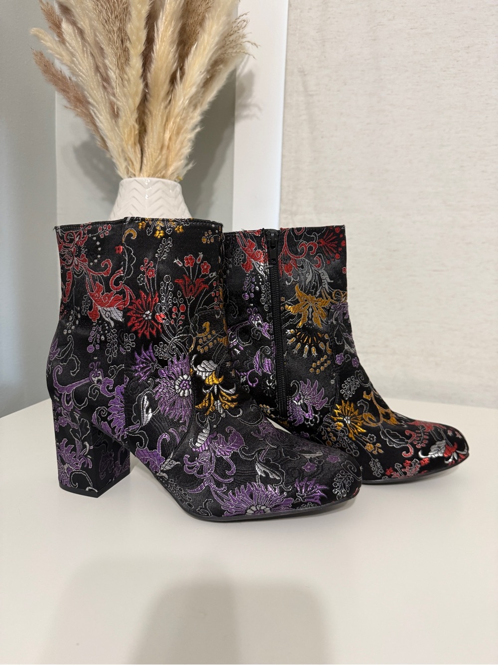 Brash Satin Black Colorful Floral Embroidered Ankle Boots Size 11 Whimsical Boho